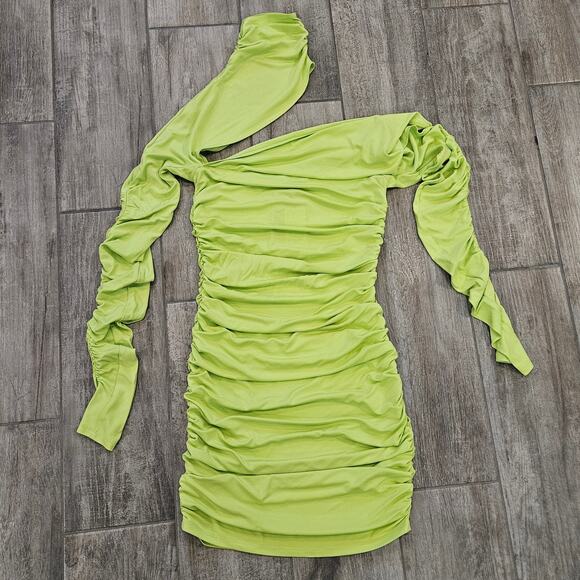 Mugler H&M One Shoulder Ruched Mini Dress Women’s M Neon Green NEW Runway Collab - Picture 5 of 16